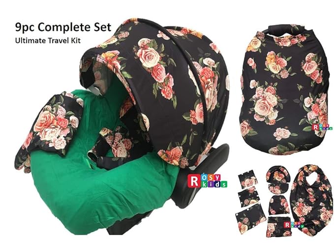 9pc Baby Boy Baby Girl Ultimate Set of Infant Car Seat Cover Canopy Headrest Blanket Hat Nursing Scarf, 30JY03