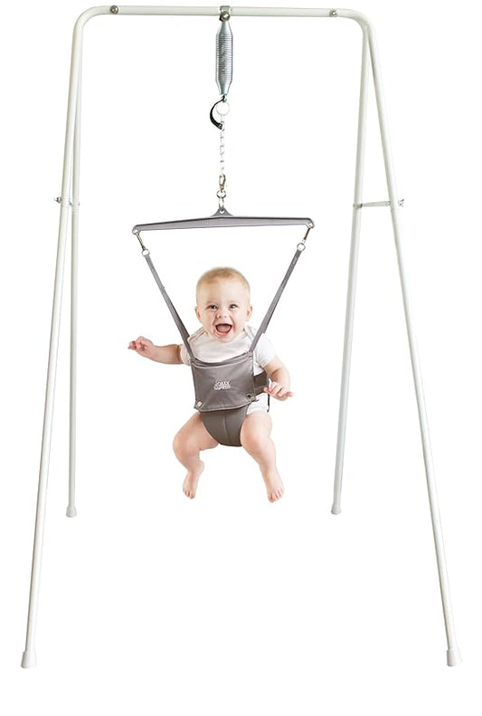 Jolly Jumper Classic (Grey) with Stand - Original Baby Jumper, Indoor and Outdoor Exercise Saddle Seat, Adjustable Height, for Infants up to 28lbs