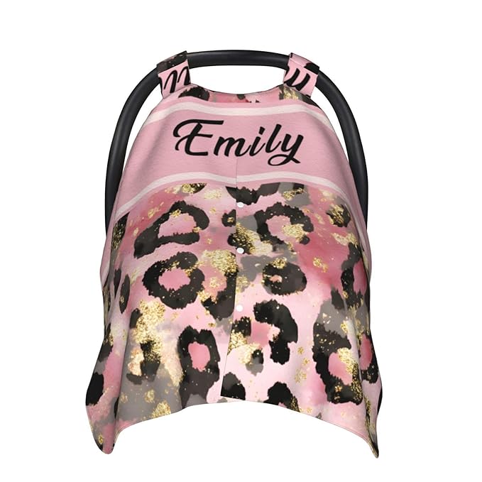 Custom Baby Car Seat Cover with Name – Personalized Leopard Print Nursing Cover, Infant Carseat Canopy, Shopping Cart Cover – Soft, Breathable & Warm – Ideal Shower Gift for Baby Girls