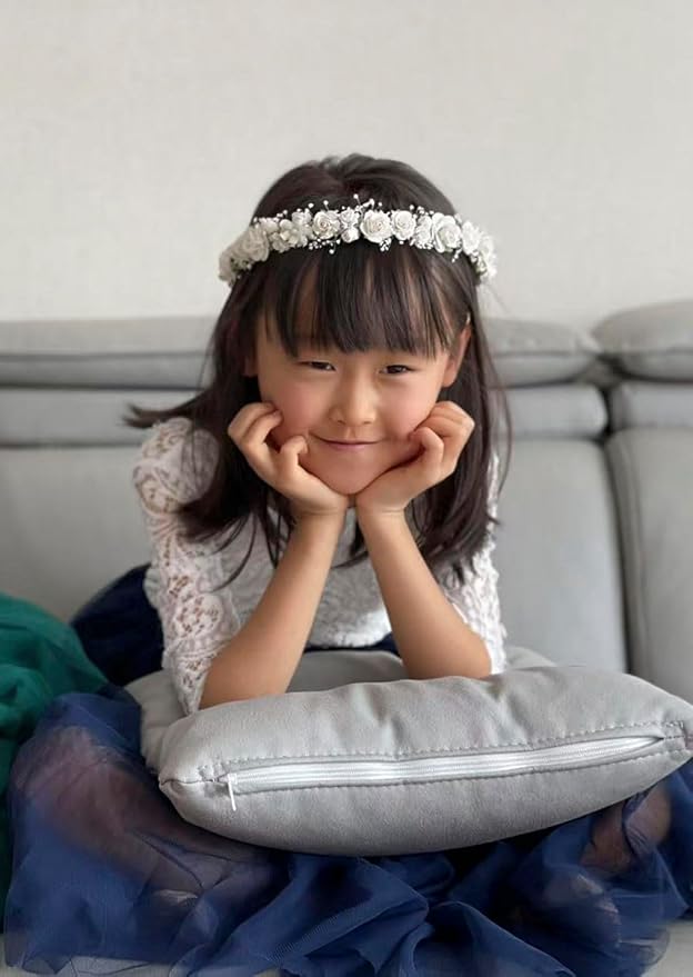 White Flower Girl Crown with Baby's Breath Headpiece Young Girl Communion Floral Hair Wreath Rustic Wedding Hair Accessories Headband for Child(43cm length)