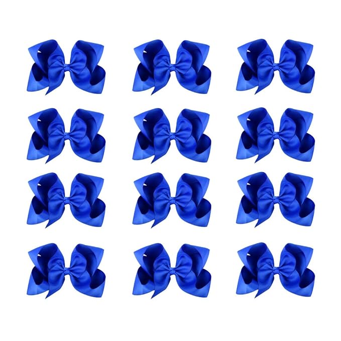 DEEKA 12 PCS 6" Big Hand-made Grosgrain Ribbon Hair Bow Alligator Clips Hair Accessories for Little Teen Toddler Girls - Roayl Blue