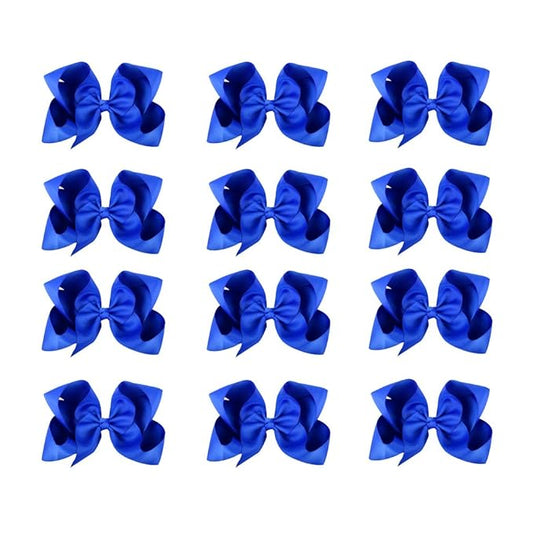 DEEKA 12 PCS 6" Big Hand-made Grosgrain Ribbon Hair Bow Alligator Clips Hair Accessories for Little Teen Toddler Girls - Roayl Blue