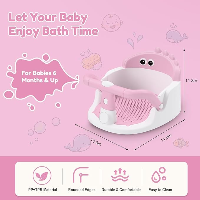 Baby Bath Seat for Babies 6 Months & Up Sitting Up | 360° Stable Toddler Bath Chair with One-Touch Button | Baby Bath Tub Seat with Suction Cups | Open Design, Compact, Detachable, Non-Slip (Pink)