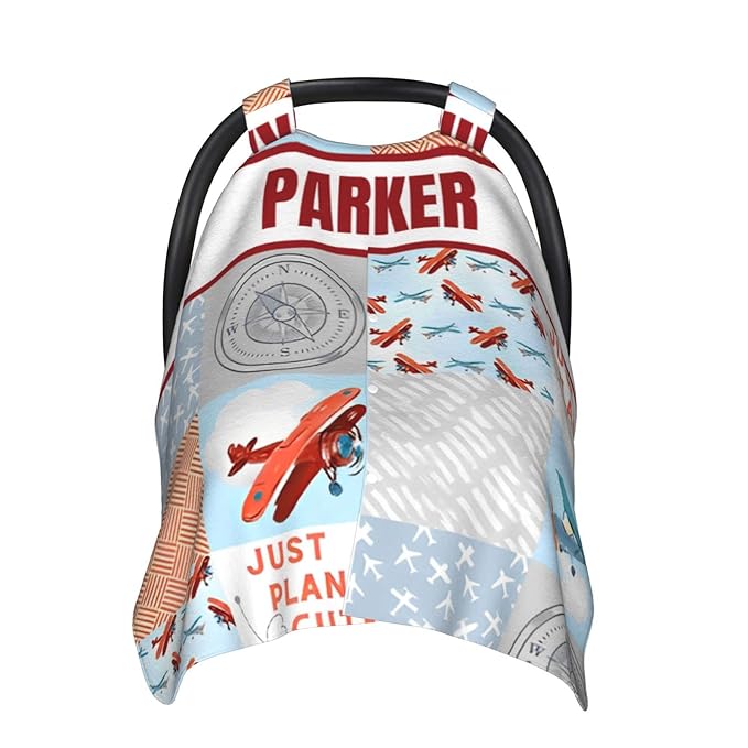 Personalized Minky Car Seat Canopy for Girl Boy, Custom Name Stroller Car Seat Covers Cover for Infant Newborn Shower Gift, Nursing Opening Carseat Cover for Breastfeeding, Plane