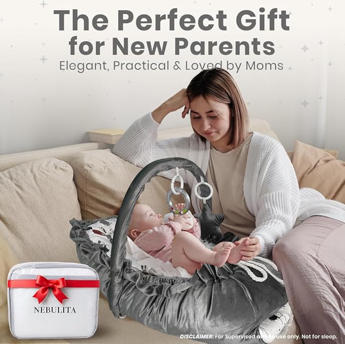 Newborn Lounger Bunny Gray - Flexible & Portable w/Infant Support Cushion, Soft & Breathable 100% Cotton - Multi-Use Supervised Baby Lounger for Floor, Travel, Changing Mat Alternative - Premium