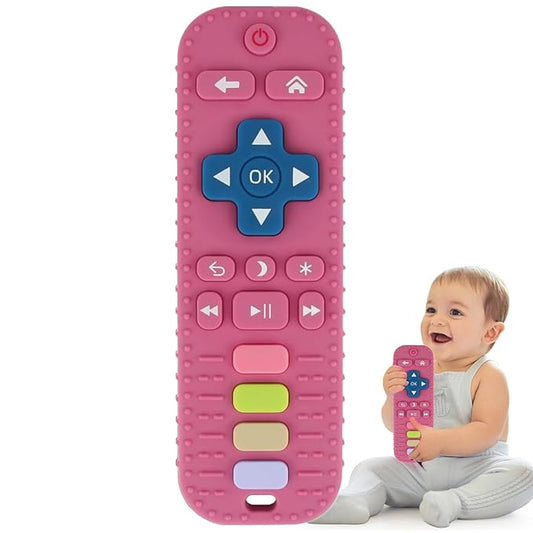 Fu Store Silicone Teething Toys for Infant Toddlers, Remote Control Shape Teethers for Babies Chew Toys, Relief Soothe Babies Gums Set, BPA Free Freezable Dishwasher and Refrigerator Safe (Rose Pink)