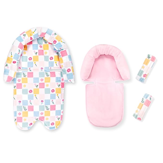 SWESEN Baby Car Seat Head Support, Super Soft 2 in 1 Infant Car Seat Insert, Reversible Newborn Car Seat Insert Cushion with Strap Covers for Strollers, Bouncers, Swing, Floral