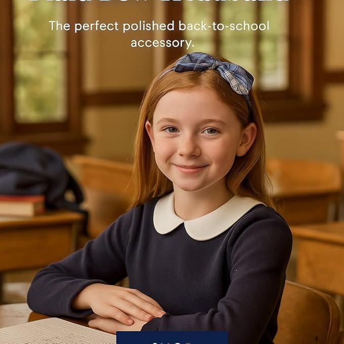ClassExceed School Headband, Plaid bow headband, back to school, available in variety of school plaids (Plaid 76 Clear blue White Navy plaid, Regular)
