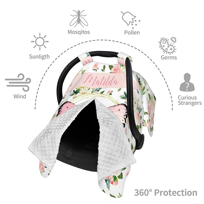 Personalized Baby Car Seat Canopy for Babies with Name, Custom Butterfly Stroller Car Seat Covers for Girls, Minky Nursing Carseat Cover for Breastfeeding, Car Seat Canopies for Newborn