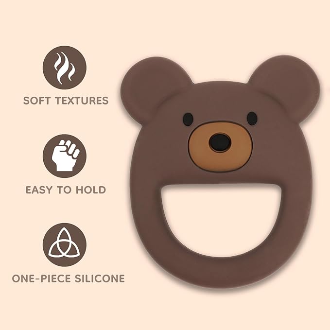 Bear-Shaped Silicone Teether for Baby 0–12 Months, Soft Textured Teething Ring with Easy-Grip Open Design, One-Piece Food-Grade Silicone Teething Toy for Infants (Brown)