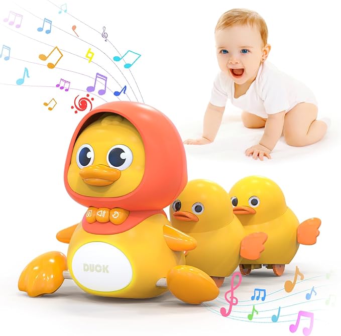 Crawling Duck Musical Toy, Baby Toy for Toddler, Sound Toys for 18+ Months, Early Educational Baby Toys with Light, Includes One Large Duck and Two Ducklings (Batteries Included)