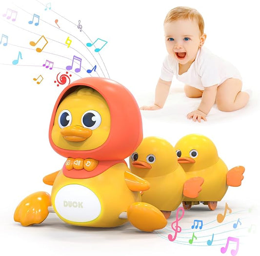 Crawling Duck Musical Toy, Baby Toy for Toddler, Sound Toys for 18+ Months, Early Educational Baby Toys with Light, Includes One Large Duck and Two Ducklings (Batteries Included)