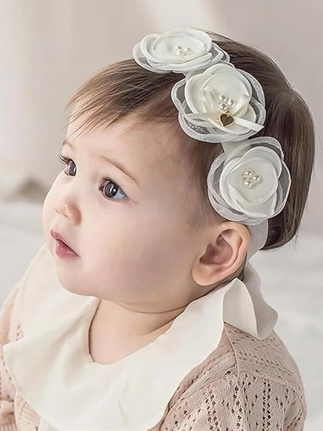 Baby Girls Flower Crown Headband Lace Handmade Floral Headbands Soft Elastic Band Daisy Hairband Newborn Infant Toddler Kids for Christening Baptism Birthday Party(White, Three Flower)