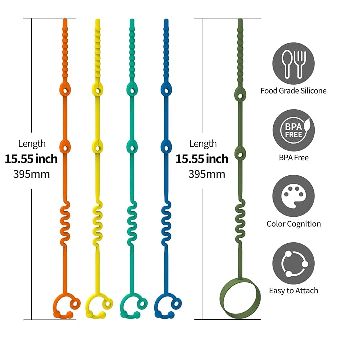 Toy Straps for Baby – 5 Pack Adjustable Silicone Toy Straps for Baby and Sippy Cup Straps for Strollers, High Chairs, Cribs, Car Seats, Food Grade Silicone, BPA Free, Multi Colors