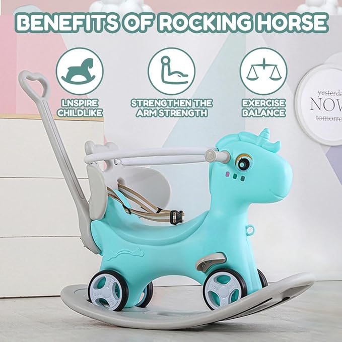 Rocking Horse for Toddlers 1-3 Years,4 in 1 Design, Kids Ride on Toy Balance Bike Push Cart with Detachable Balance Board,Fun Birthday Gift-Blue