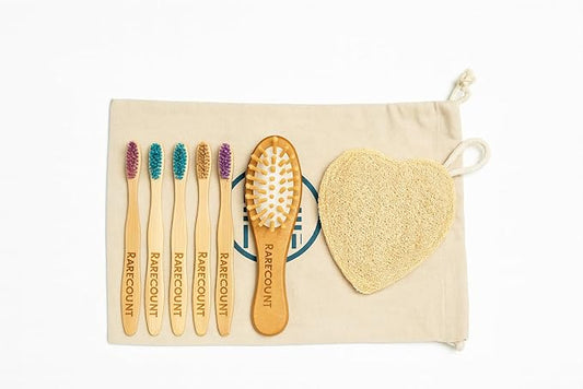 Kids Bath & Grooming Set – Wooden Baby Hair Brush + Soft Bamboo Kids Toothbrush + Heart Loofah | Natural Bath Kit for Toddlers & Kids