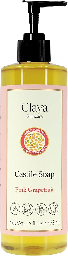Claya Liquid Castile Soap – Organic Ingredients, Biodegradable, Gentle for Sensitive Skin and Versatile Use (16 fl oz (Pump Cap), Pink Grapefruit)