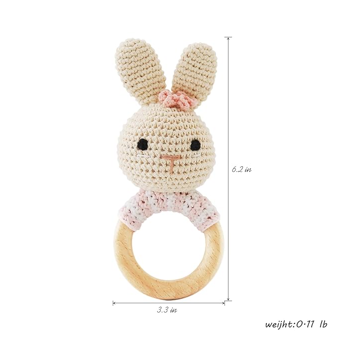 Wooden Baby Rattle，Crochet Bunny Rattle with Wood Ring, Newborn Wooden Animal Rattle Toy，Infant Bunny Wood Rattle Toys，Bunny-2