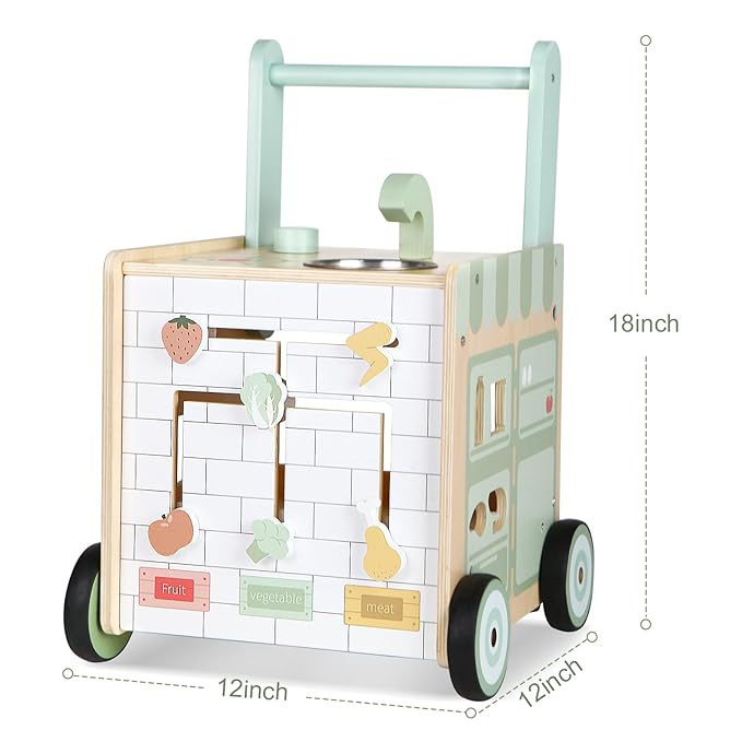 Asweets 8 in 1 Wooden Play Kitchen Baby Walker Push and Pull Learning Activity Walker for Boys and Girls with Bakery Kitchen,Shape Sorter and Movable Slider