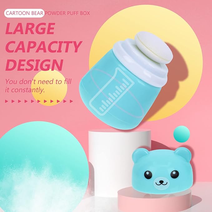 SOLUSTRE Puff Box Cartoon Baby Talcum Box Lovely Bear Shape Empty Box Baby Body Puff Sponge Box Case Container, Blue