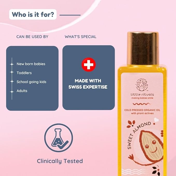 Little Rituals Sweet Almond Baby Massage Oil and Hair Oil, Cold Pressed, Certified Organic, Dermatologist Tested, 100 ML