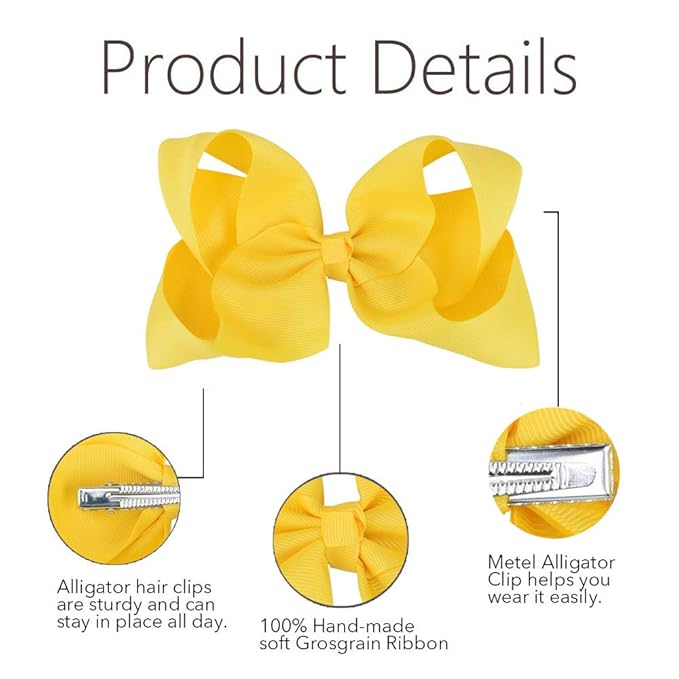 Oaoleer Big Hair Bows for Girls 12 PCS 6" Yellow Grosgrain Ribbon Large Boutique Bow Alligator Clips Hair Accessories for Toddlers Little Girls Kids