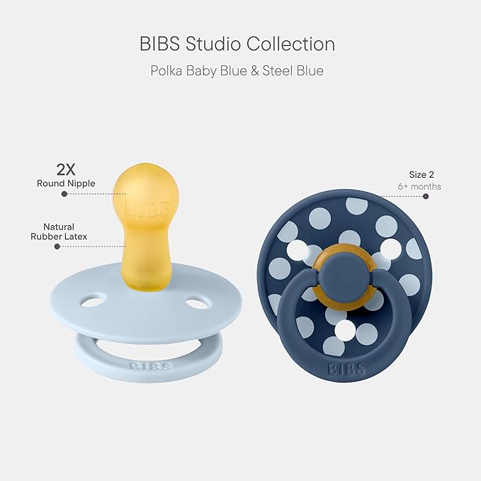 BIBS Polka Dots Pacifier 2-Pack, BPA Free Pacifiers with a Round Latex Nipple, Made in Scandinavia, Size 2 (6-18 Months), Baby Blue/Steel Blue