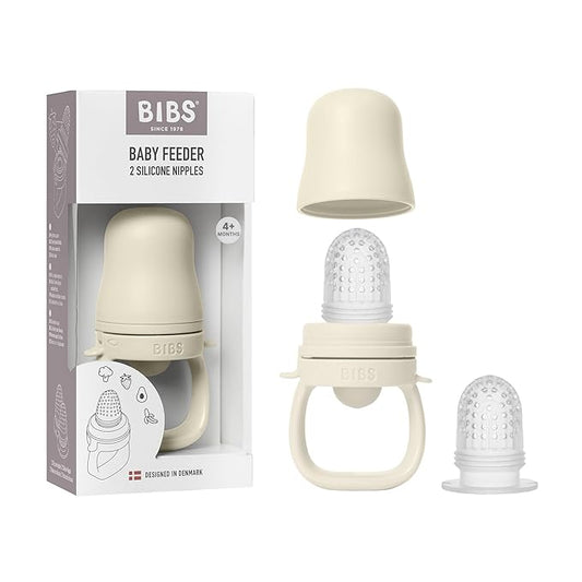 BIBS Baby Feeder with 2 Silicone Nipples, Compatible with Freezer Tray, Easy-Grip, BPA-Free - Ideal for Teething & Self-Feeding, 4+ Months - Ivory