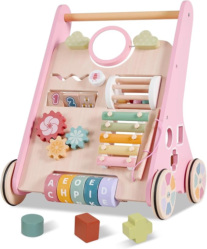Wooden Baby Walker Wheels,Baby Push Walker for Babies 10 Months+ Montessori,Toddler Walker Push Toy Wooden Activity Walker for Boy,Walking Toys 12 Months+ Learning to Walk