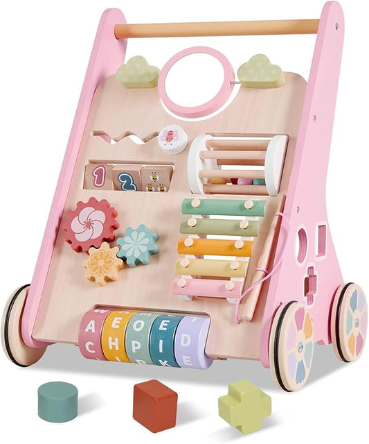 Wooden Baby Walker Wheels,Baby Push Walker for Babies 10 Months+ Montessori,Toddler Walker Push Toy Wooden Activity Walker for Boy,Walking Toys 12 Months+ Learning to Walk