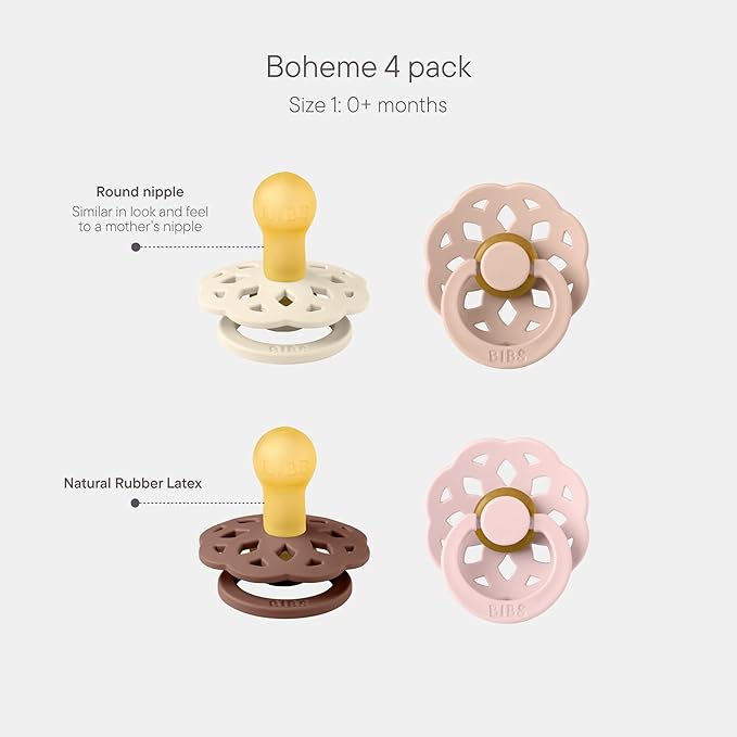 BIBS Boheme Round Nipple Pacifier Set for 0–6 Months | BPA-Free Natural Rubber Latex Soothers | Infant Comfort Teats | 4-Pack | Made in Denmark | Blush Mix