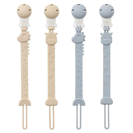 Pacifier Clips for Baby Boys Girls, One-Piece Silicone Pacifier Holder Strap 4 Pack, Binky Paci Clips Animal Rainbow Design, Lightweight Break-Resistant, Dishwasher Safe-Ivory+Baby Blue