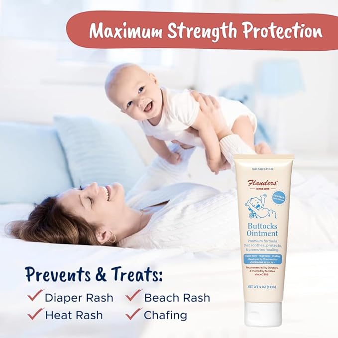 Flanders Buttocks Ointment – Zinc Oxide Diaper Rash Cream, Thick Barrier Paste for Baby & Adult Skin, Heat Rash, Chafing & Irritation Relief - 2 Pack (8oz Total)