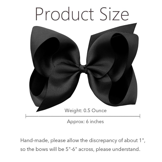 Oaoleer Big Hair Bows for Girls 12 PCS 6" Black Grosgrain Ribbon Large Boutique Bow Alligator Clips Hair Accessories for Toddlers Little Girls Kids