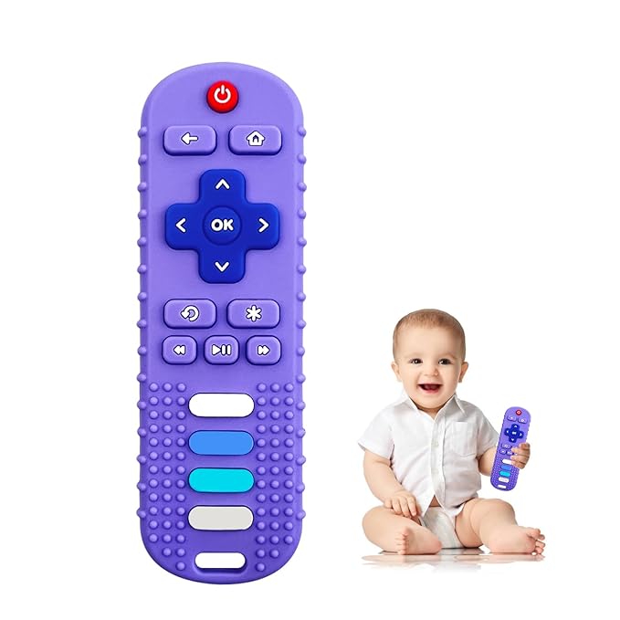ROBBEAR Baby Teething Toys, Soft Silicone Teethers for Babies 3 6 12 18 Months, TV Remote Control Shape Infant Chew Toys for Boys and Girls, Baby Teething Relief, BPA Free (RC-Purple)