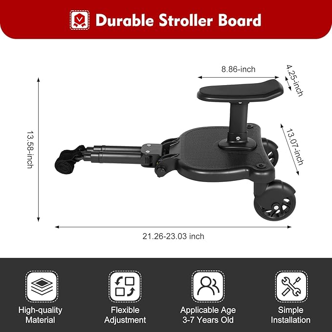 Universal Stroller Ride Board Buggy Wheeled Board Seat Ped, Detachable Seat Stroller Board Fits Most Strollers, Accommodates Children Up to 55 lbs