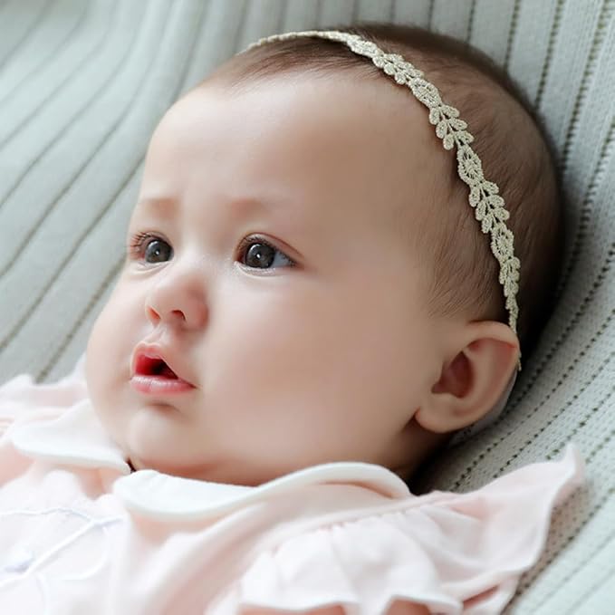 Cinaci 8 Pack Gold Delicate Flower Butterfly Leaf Stretchy Lace Headbands Baby Baptism Shower Christening Photo Props Hair Accessories for Baby Girls Infants Toddlers Kids (Gold-8 Pack)