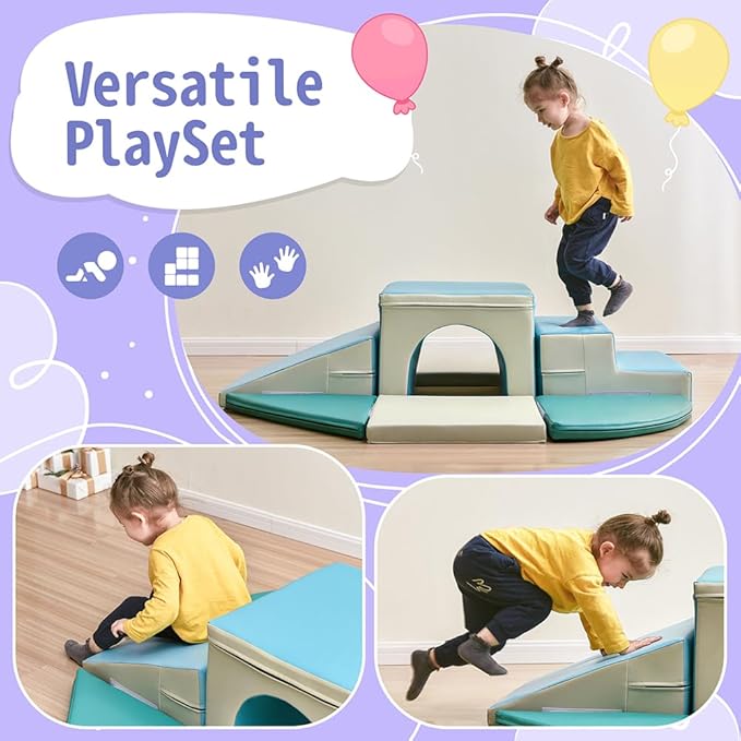 9 Piece Soft Climb and Crawl Activity Playset, Soft Foam Tunnel Climber, Indoor Active Playset for Crawling and Sliding