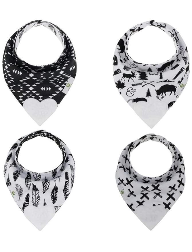 Pickle & Olive Reversible Baby Teething Bibs - Attached Heart Shaped Teether - Monochrome - Set of 2