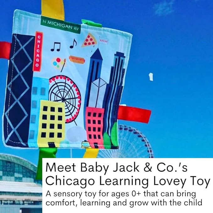 Baby Jack & Co 8x8” Learning Lovey Chicago Illinois Tag Toys for Babies - Baby Crinkle Toys - Soft & Safe - Learn USA Cities and Shapes - Ideal Baby Toy & Gift BPA Free w/Stroller Clip