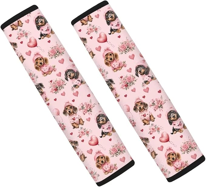 UNICEU Pink Love Hearts Dachshund Dog Seat Belt Cover Pad 2 Pack Soft Car Seat Belt Shoulder Strap Universal Fit SUV Trick Sedan