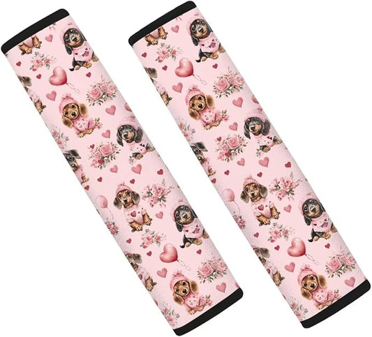 UNICEU Pink Love Hearts Dachshund Dog Seat Belt Cover Pad 2 Pack Soft Car Seat Belt Shoulder Strap Universal Fit SUV Trick Sedan