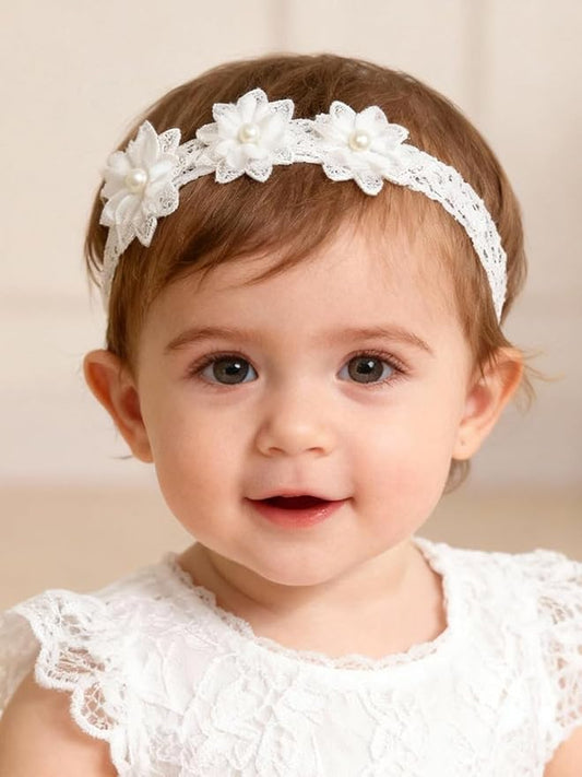 Baby Girls Hairband White Bow Lace Headbands Handmade Soft Stretchy Wide Head Band Newborn Hairbands with Bows Pearls Elastic Headband for Infant Hair Accessories（Three White Flowers）
