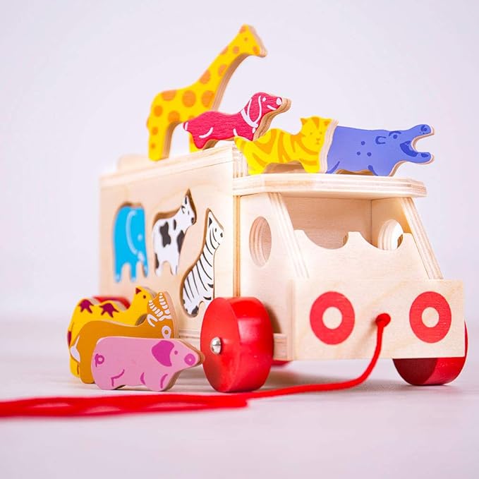 Bigjigs Toys, Animal Lorry Wooden Shape Sorter, Shape Sorters for 2 Year Olds, Pull Along Toy, Baby Wooden Toys