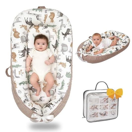 Baby Lounger-Breathable and Soft Organic 100% Cotton, Portable Infant Lounger with Removable Lounger Cover, Floor Lounger for Newborn - Animal