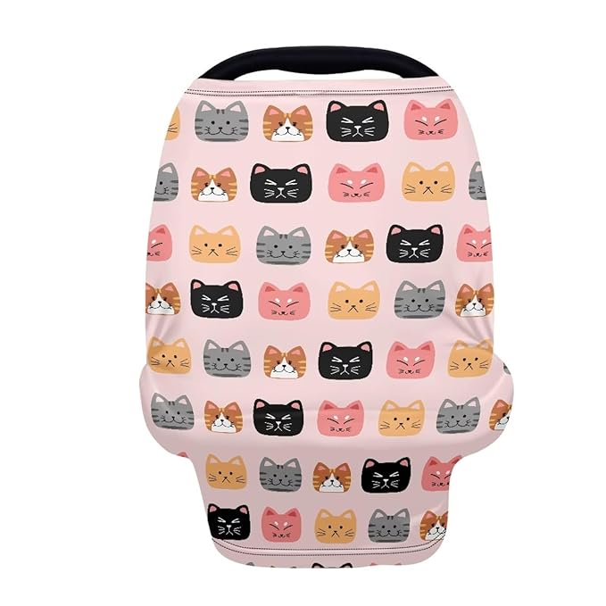 Forchrinse Cartoon Cat Carseat Cover for Baby,Stretchy Infant Car Seat Canopy,Mom Privacy Breastfeeding Scarf Nursing Cover for High Chair,Shopping Cart,Stroller
