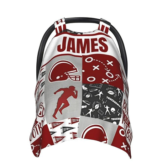 Personalized Baby Car Seat Canopy for Babies with Name, Custom Car Seat Covers for Boys Girls, Football Red Nursing Breastfeeding Stroller Cover Infant Carseat Canopies for Newborn
