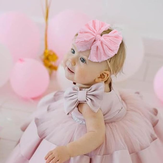 YanJie Baby Girl Bows Nylon Lace Baby Headbands Handmade Soft Elastics Newborn Bows Ruffled Big Bow Hair Accessories for Infant Baby Toddlers Girls Black White Beige Red Pink Blue