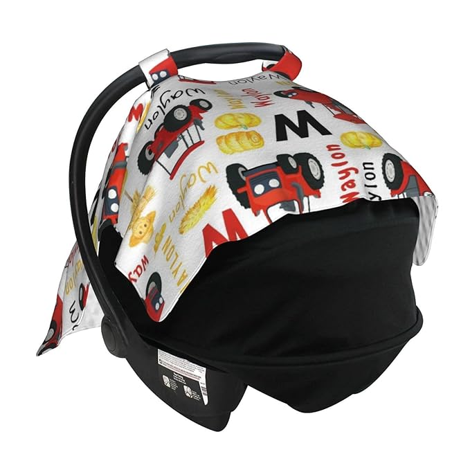 Personalized Red Tractor Baby Car Seat Cover for Boys, Custom Strollers Carseat Canopy with Name, Nursing Covers for Breastfeeding, Multiuse Car Seat Canopies for Newborn Infant