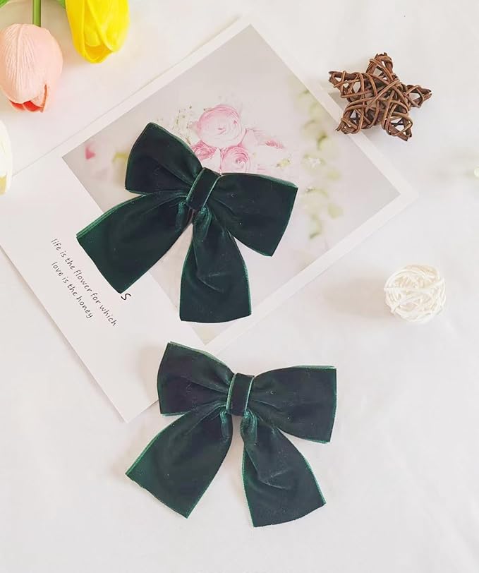 Hjiaruiky Green Velvet Hair Bows Clips - Hand-made Big Bows for Little Girls